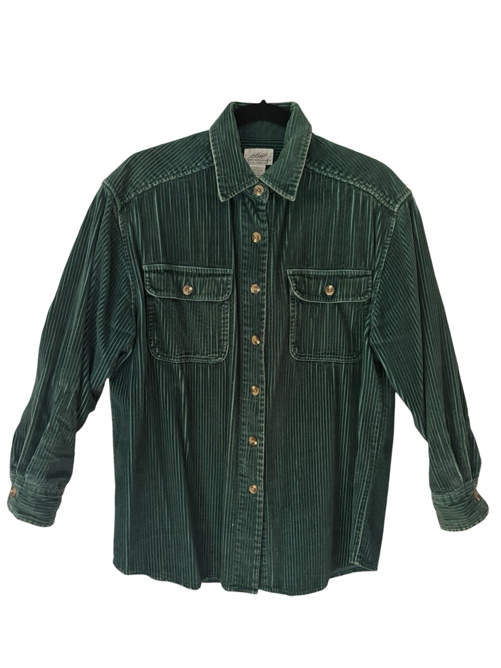 Vintage Dark Green Corduroy Button-Down Shirt by chic